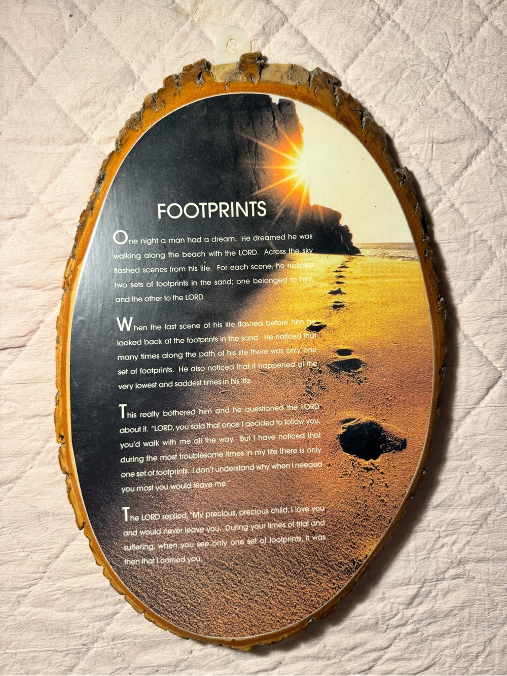Footprints Prayer Wall Art Plaque - Sunset Beach Design on Real Bark Placard